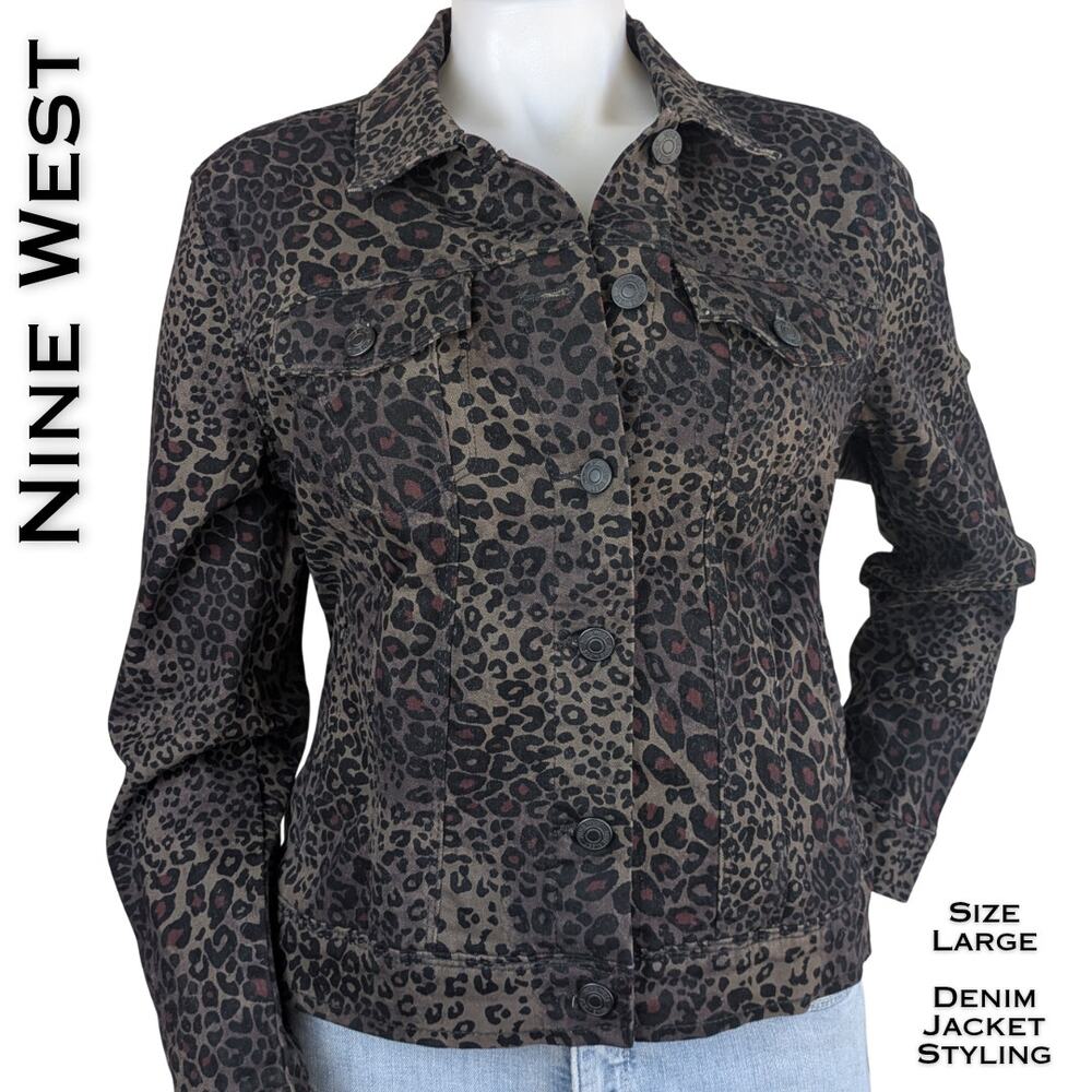 Nine West Jacket Large Leopard Print Button Front Stretch Denim Style Mob Wife